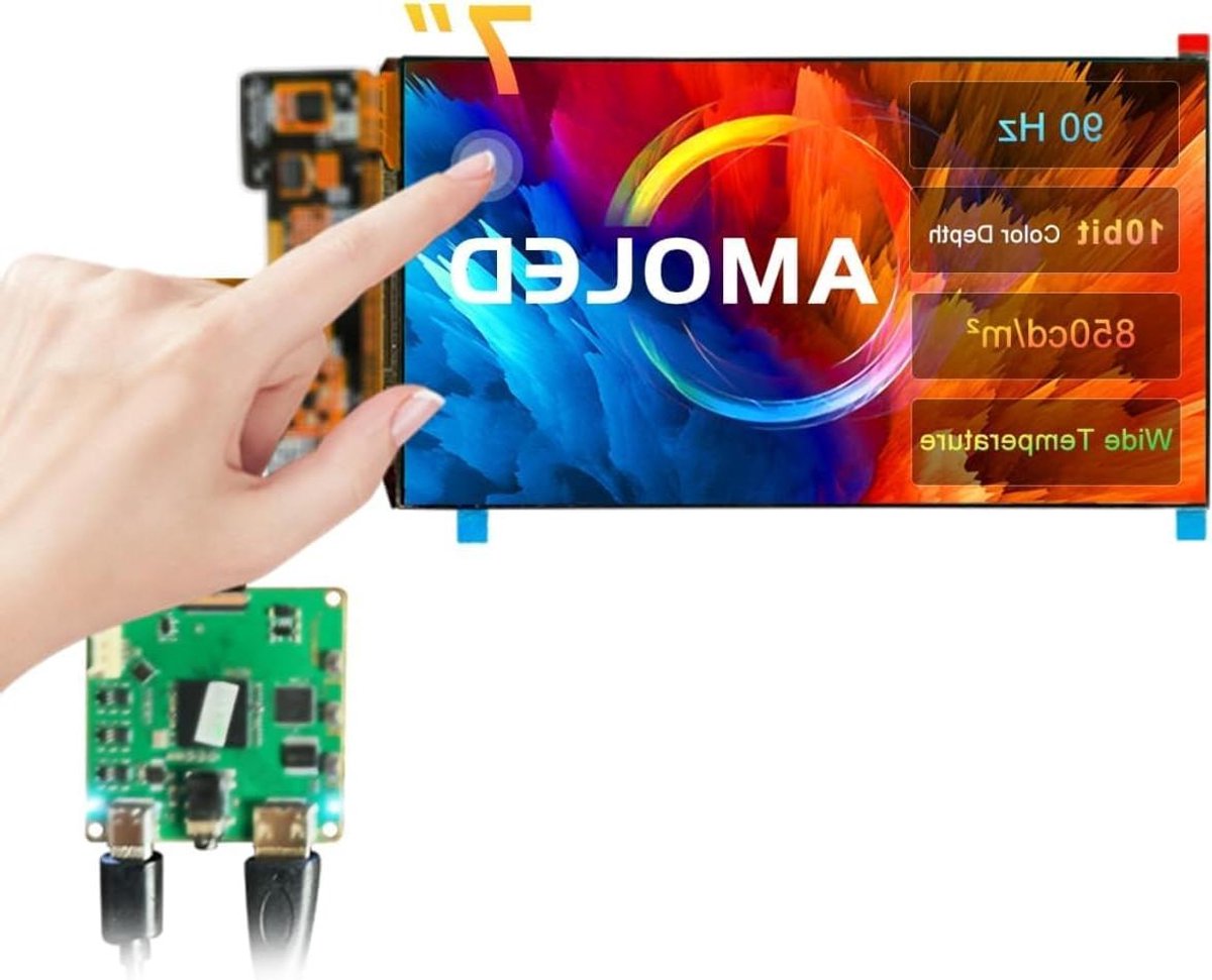 wisecoco Amoled-display, 7 inch FHD 90 Hz, hoge vernieuwingsfrequentie, 850 nits, hoge helderheid, IPS-touchpaneel voor Raspberry Pi 5/4 laptopcamera, switch, PS4/5, gaming-display, doe-het-zelfscherm