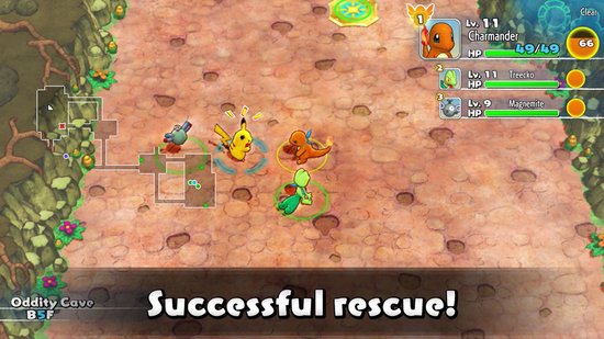 Pikachu, Charmander, Treecko en een Magnemite in een grotomgeving. Een redding is succesvol.