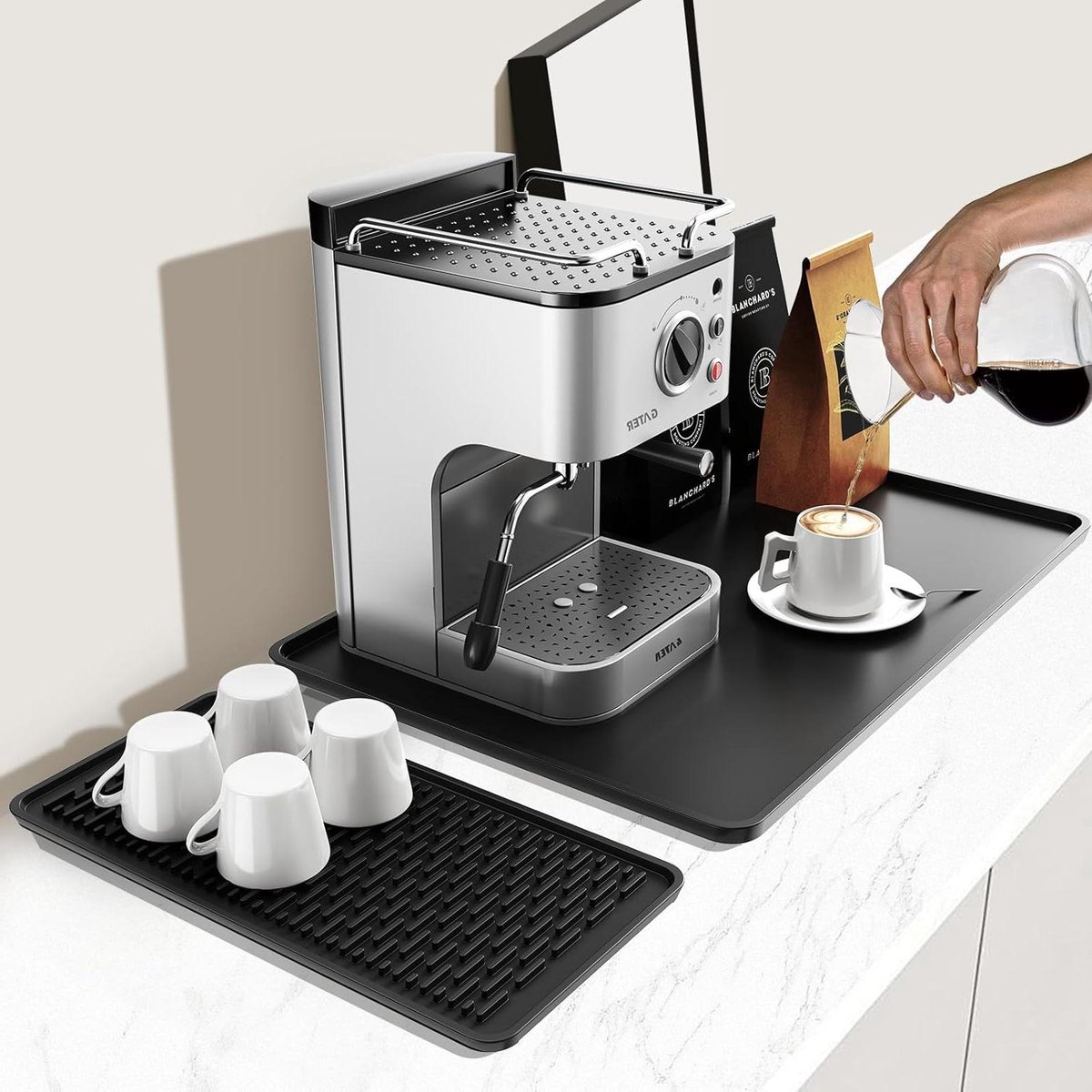 Siliconen Koffiemat Set - Barmat Onderzetter - Koffiebar Beschermen - Verhoogde Anti-Morsrand - 61x40.6 cm - Zwart
