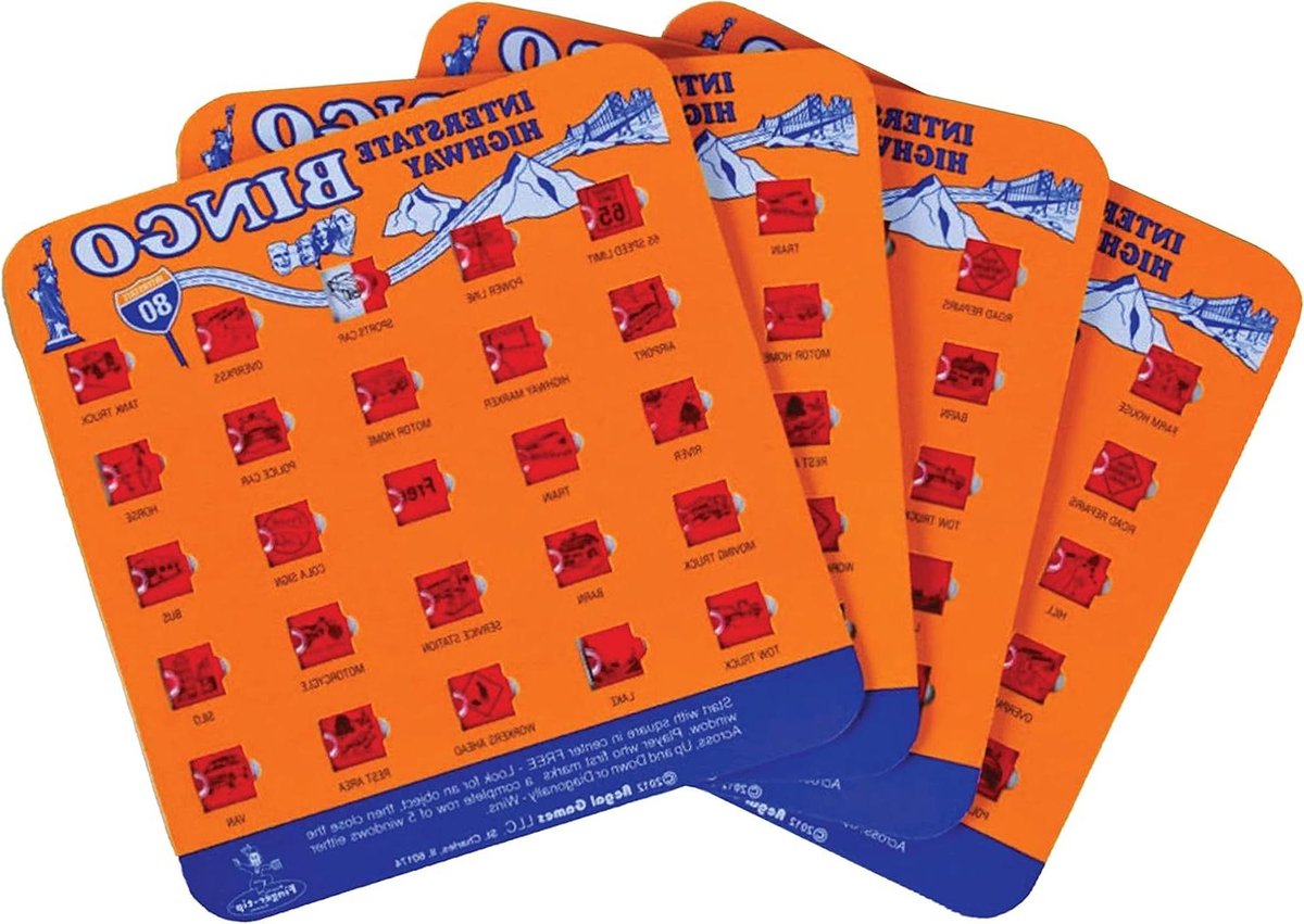 Auto Bingo Spel - Reisspel Kaarten - Roadtrip Vermaak - Schuifvenster Bediening - 4 Kaarten - Oranje