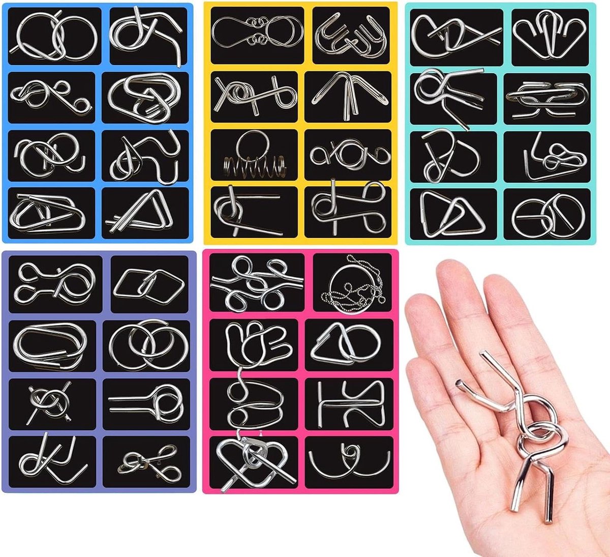 Metal Puzzel Set - Hersenkrakers Speelgoed - Mentale Uitdaging - 40 Delige Set - 18 x 14 cm - Zilverkleurig