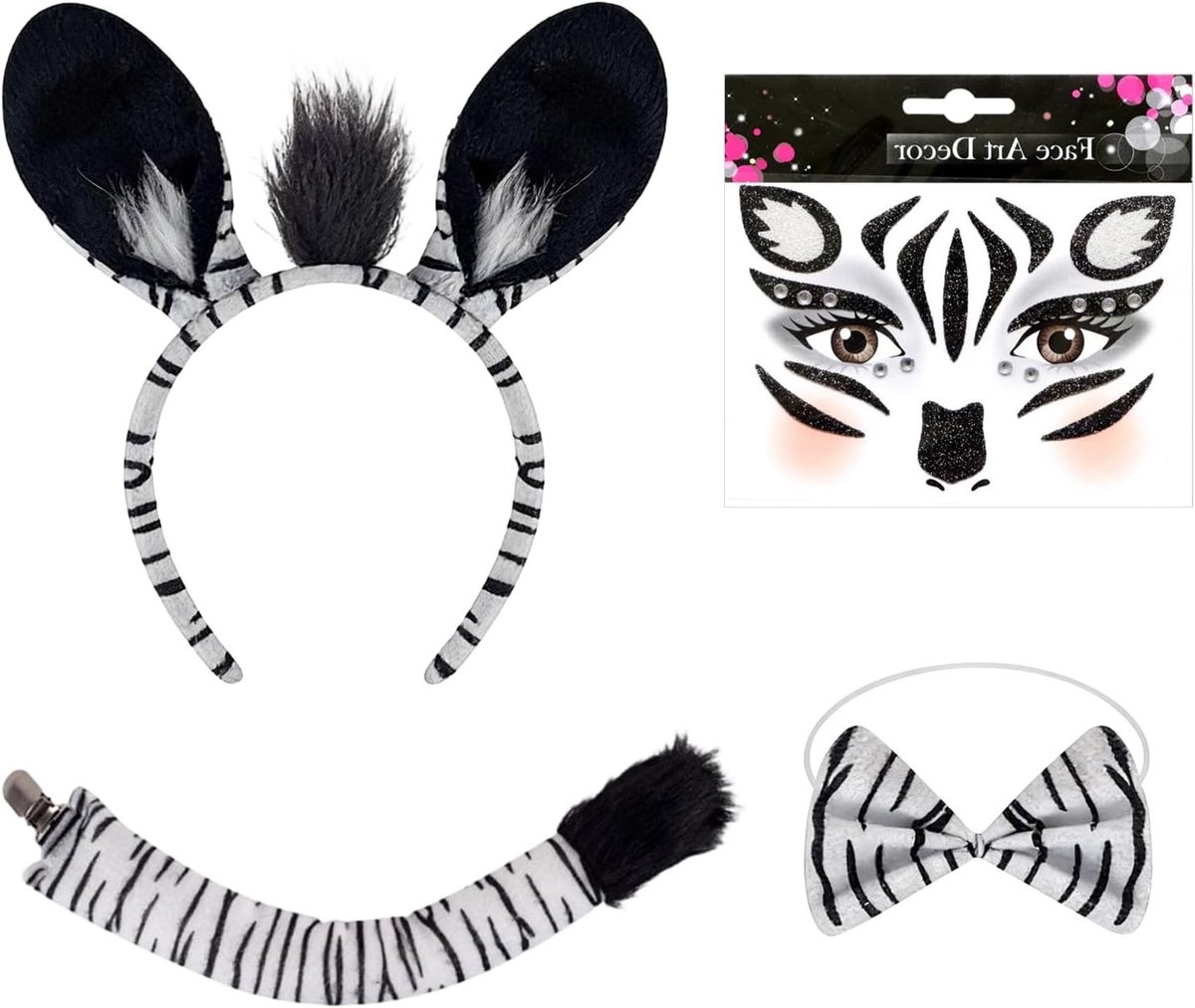 Set van 4 dierenkostuums met zebra-oren en staart, strik, stickers en accessoires voor carnaval, Halloween en verkleedfeestjes