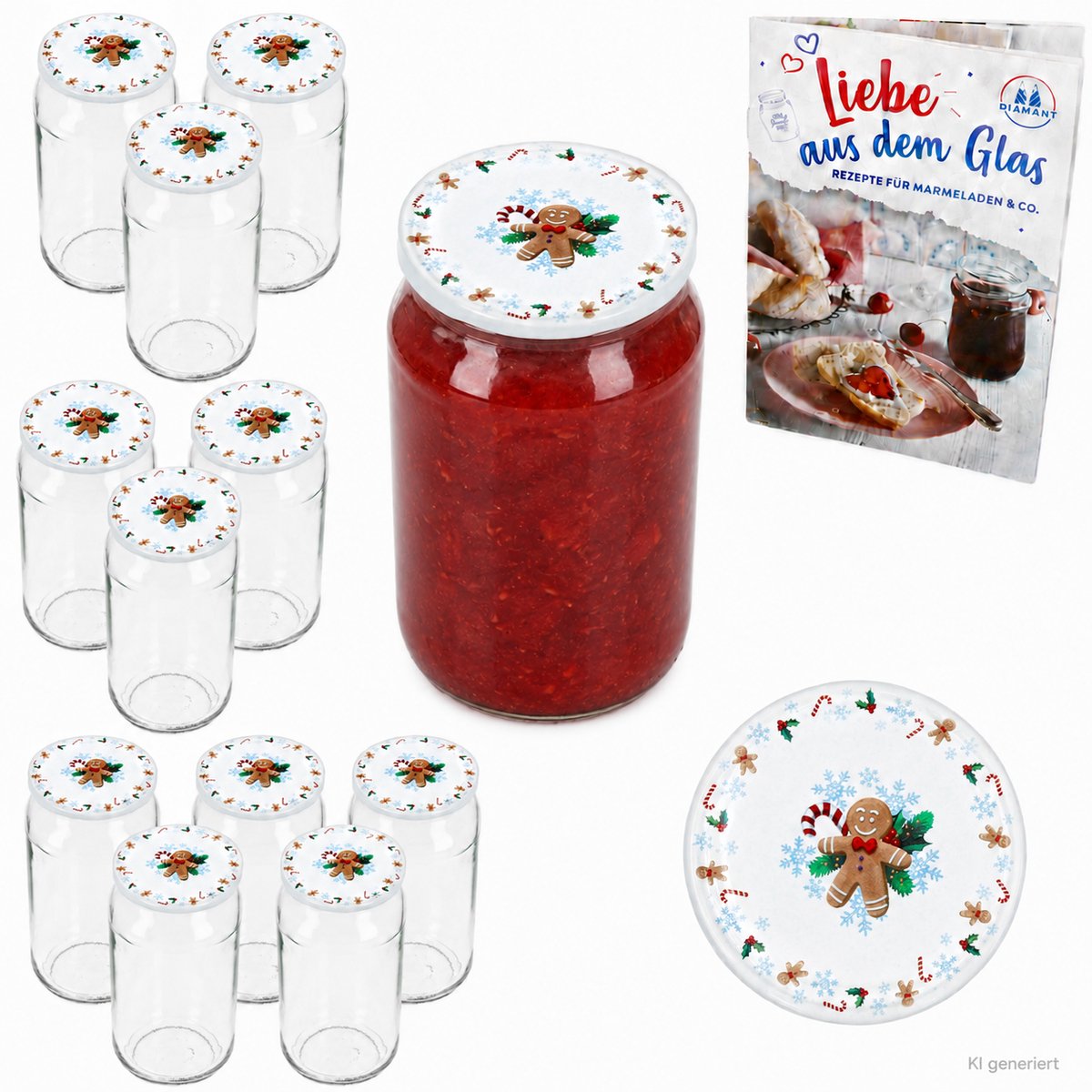 12-delige set ronde glazen 720 ml tot 82 Candyman deksels incl. Diamant Gelierzauber receptenboekje