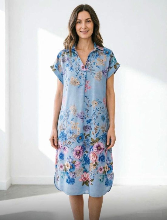 NG Fashion - Robe d'été femme - Robe de plage - Robe chemise à imprimé floral -26003- Taille unique (38-42) Bleu clair