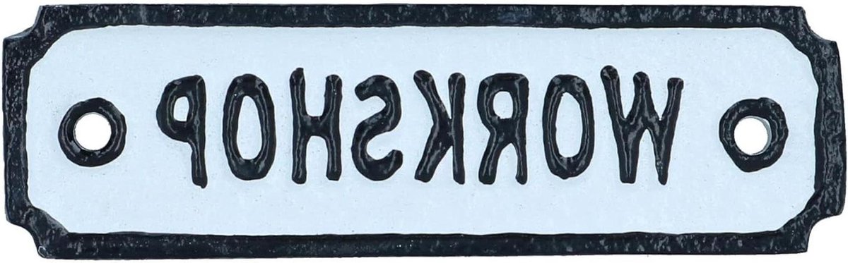 Gietijzeren Bord - Decoratief Teken - Werkplaats Aankleden - Rustieke Afwerking - 12x3 cm - Zwart Wit