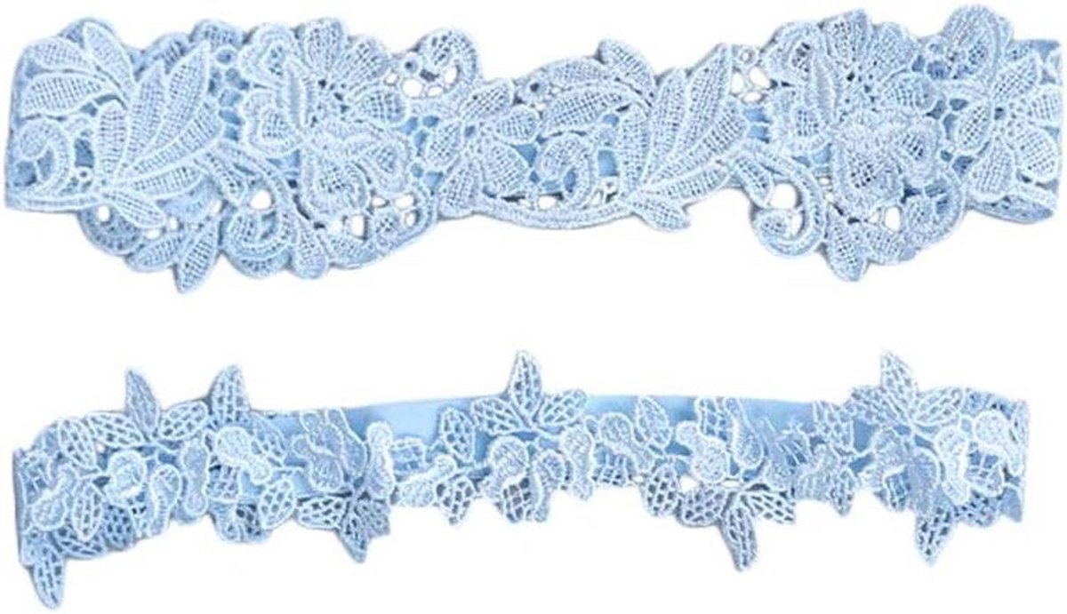 Bruidskousenband - Bruidsaccessoire - Bruiloft - Kant met bloemen - 20 cm - Blauw