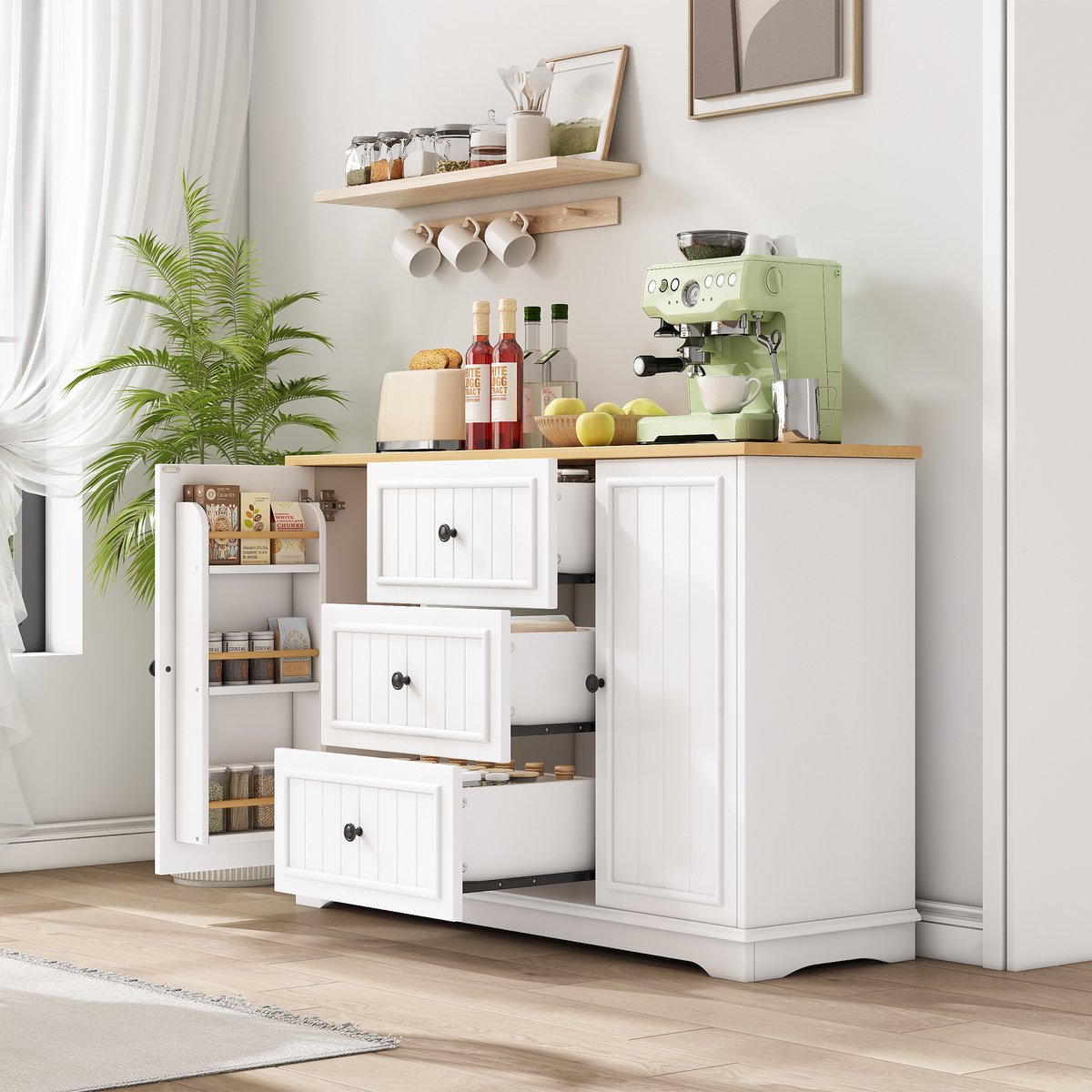 FloraGrace Dressoir - Modern Tweekleurig Design Met 3 Laden En 2 Deuren - Voor Keuken En Eetkamer - MDF - 126x40x86 Cm - Wit