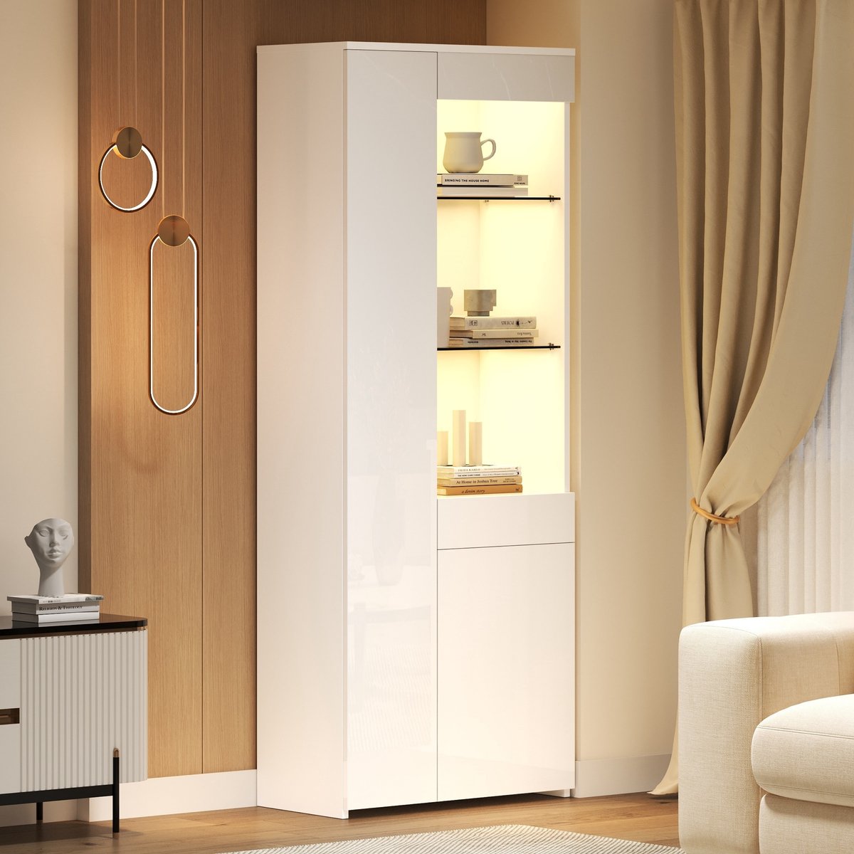 MODENUIT Vitrinekast - Met LED En Lade - Voor Woonkamer En Presentatie - Spaanplaat En Glas - 70x35x180 Cm - Wit Bruin