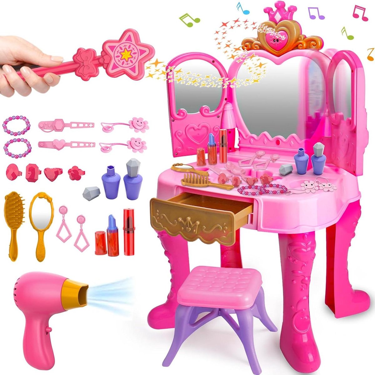Magische Make-up Tafel - Prinsessenspeelgoed Meisjes - Rollenspel en Zelfverzorging - Automatische Spiegel met Muziek - Kindformaat - Roze
