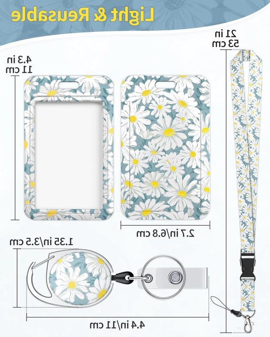 Stijlvolle Badgehouder met Witte Bloemenprint, Retractable Reel, Carabiner Clip en Afneembare Lanyard voor Vrouwen, Verpleegkundigen en Studenten — afbeelding 5