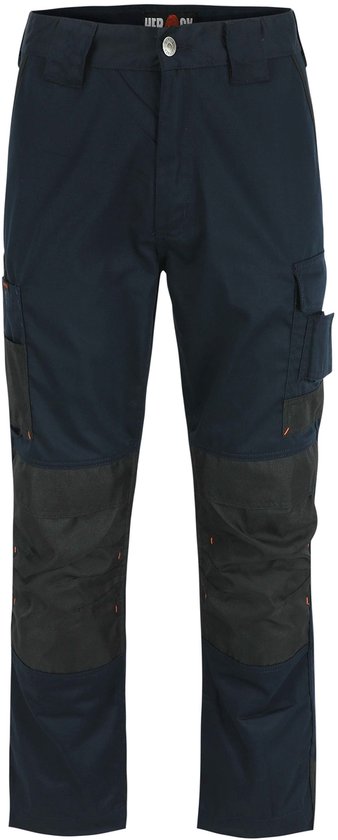 Voorkant van een donkerblauwe Herock werkbroek met grijze knieversteviging.