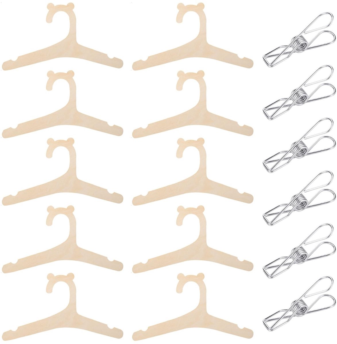Dailygoods- Kinderkleerhangers 10 stuks - Houten - Droogklemmen 6 stuks - Roestvrij staal - Creatieve woonaccessoires - Veilig en duurzaam - Baby Kleerhangers