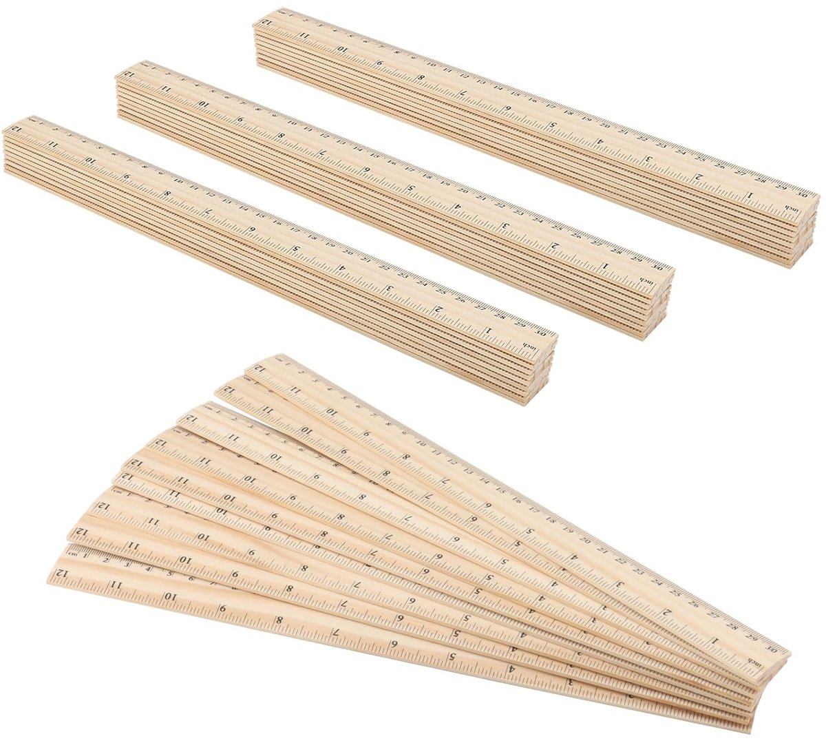 Houten Linialen Set - Meetlatten - Tekenen en Meten - Dubbelzijdig Schaal - 36 Stuks 30cm - Natuurlijk Hout