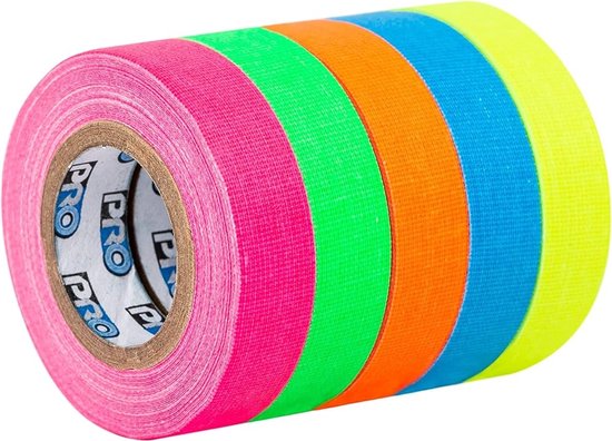 Stapel van vijf rollen tape in roze, groen, oranje, blauw en geel.