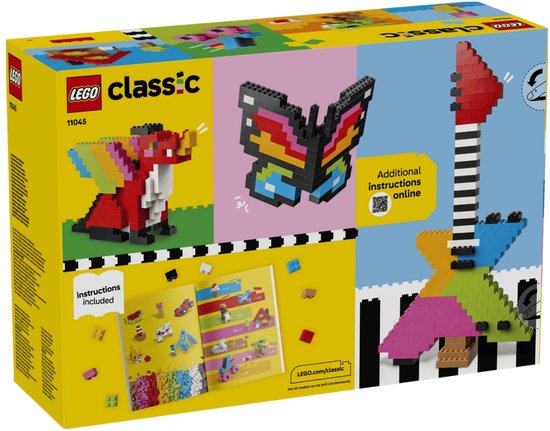 De achterkant van een LEGO Classic-doos, met afbeeldingen van een rode draak, vlinder en gitaar, plus instructies.