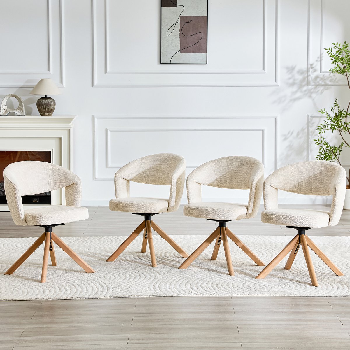 HAUSS SPOLE Eetkamerstoel – Retro Draaistoel – Set Van 2 – 360 Graden Draaibaar Met Gebogen Rug – Voor Eethoek – Crèmewit Crèmewit, Houtkleur