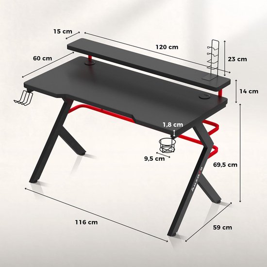 Gaming Bureau - Werkstation Tafel - Comfortabel Werken - Monitoropzetstuk - 120 x 60 cm - Rood — afbeelding 3