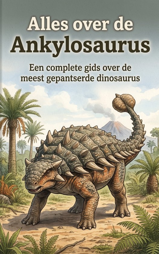 Alles over de Ankylosaurus, een complete gids over de meest gepantserde dinosaurus. Gedetailleerde illustratie van een gepantserde dinosaurus met stekels en een staartknots, omringd door palmbomen en een vulkaan op de achtergrond.