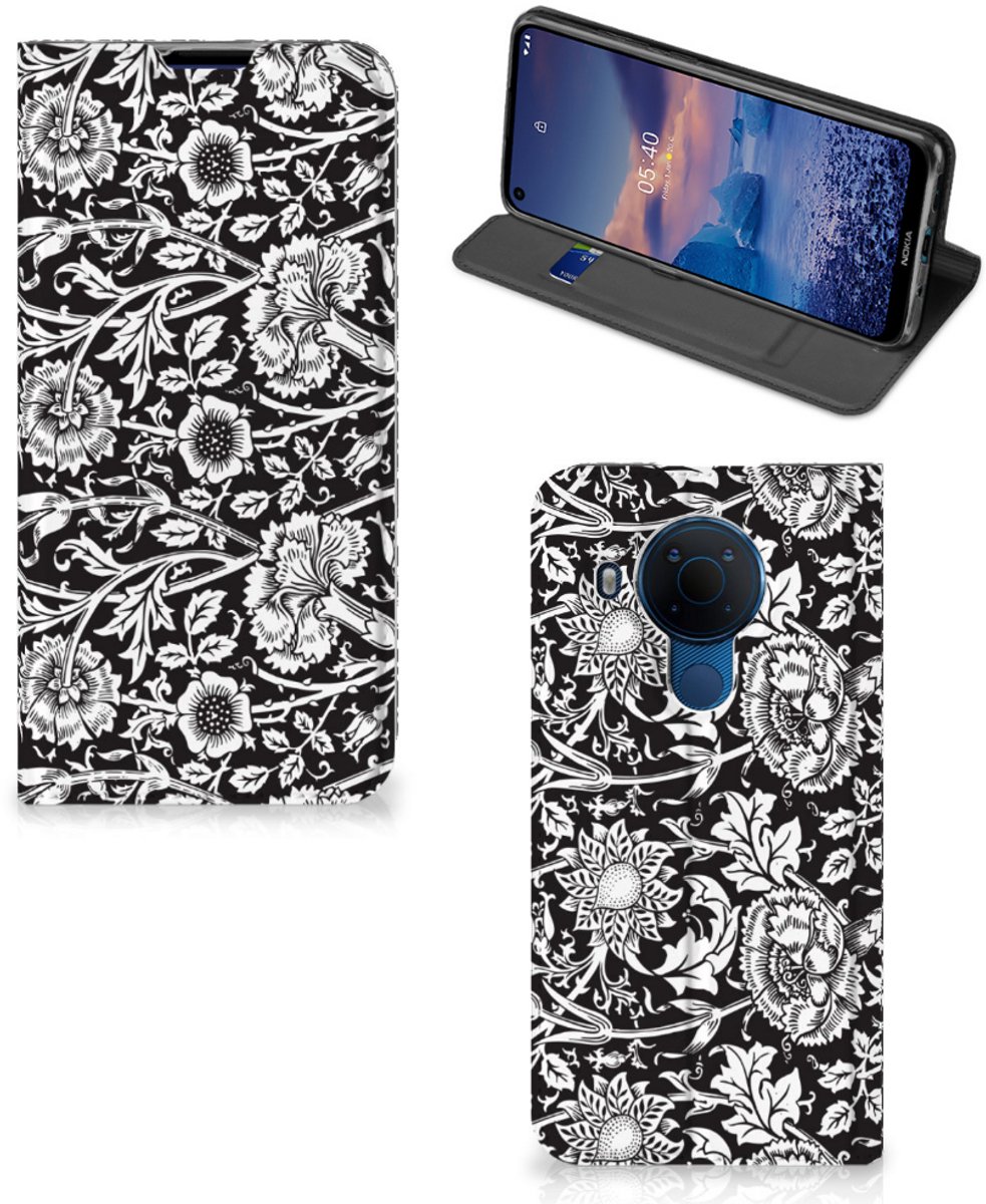 Standcase Hoesje voor Nokia 5.4 Smart Cover Black Flowers
