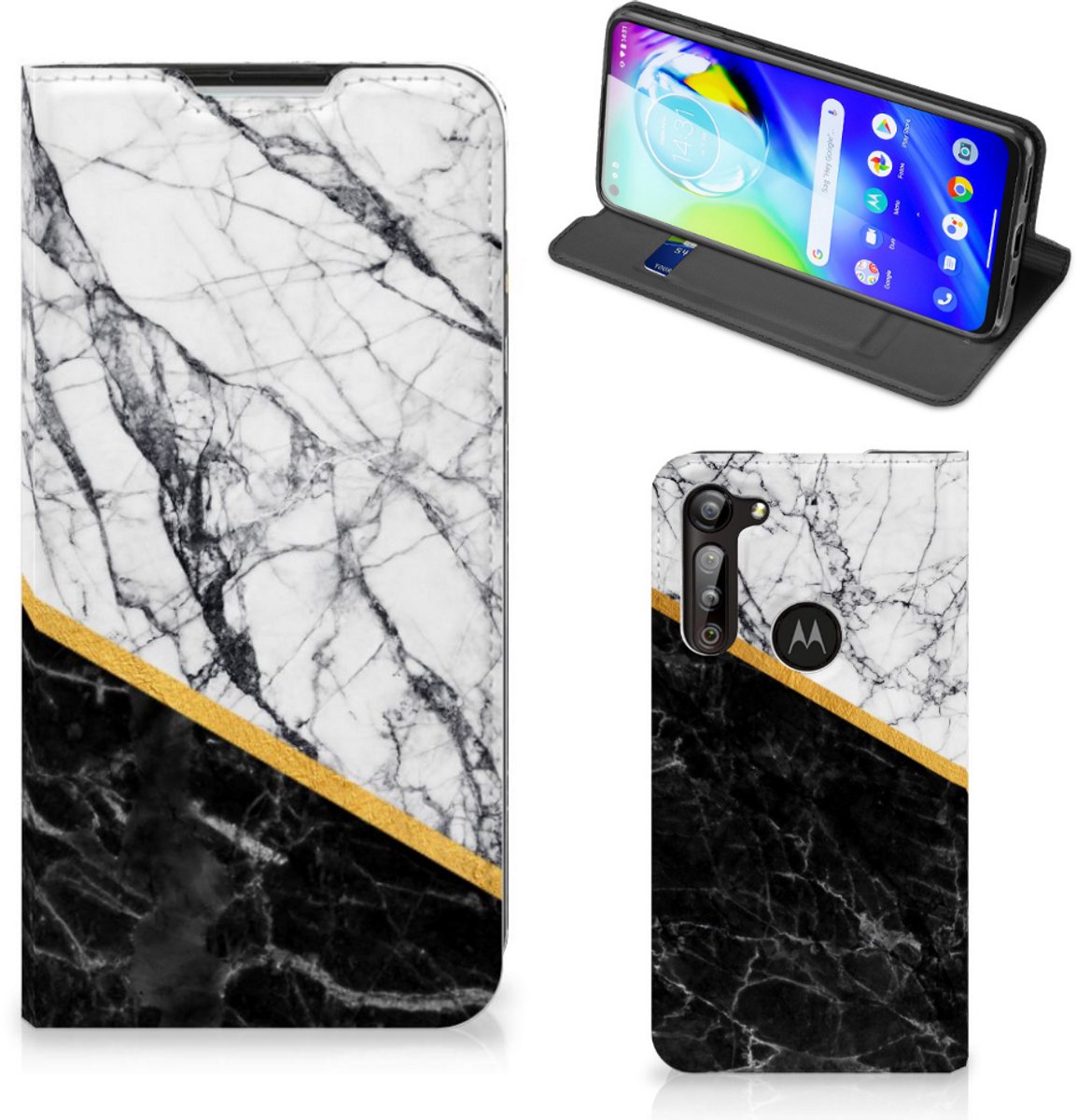 Motorola Moto G8 Power Standcase Marmer Wit Zwart - Origineel Cadeau Man
