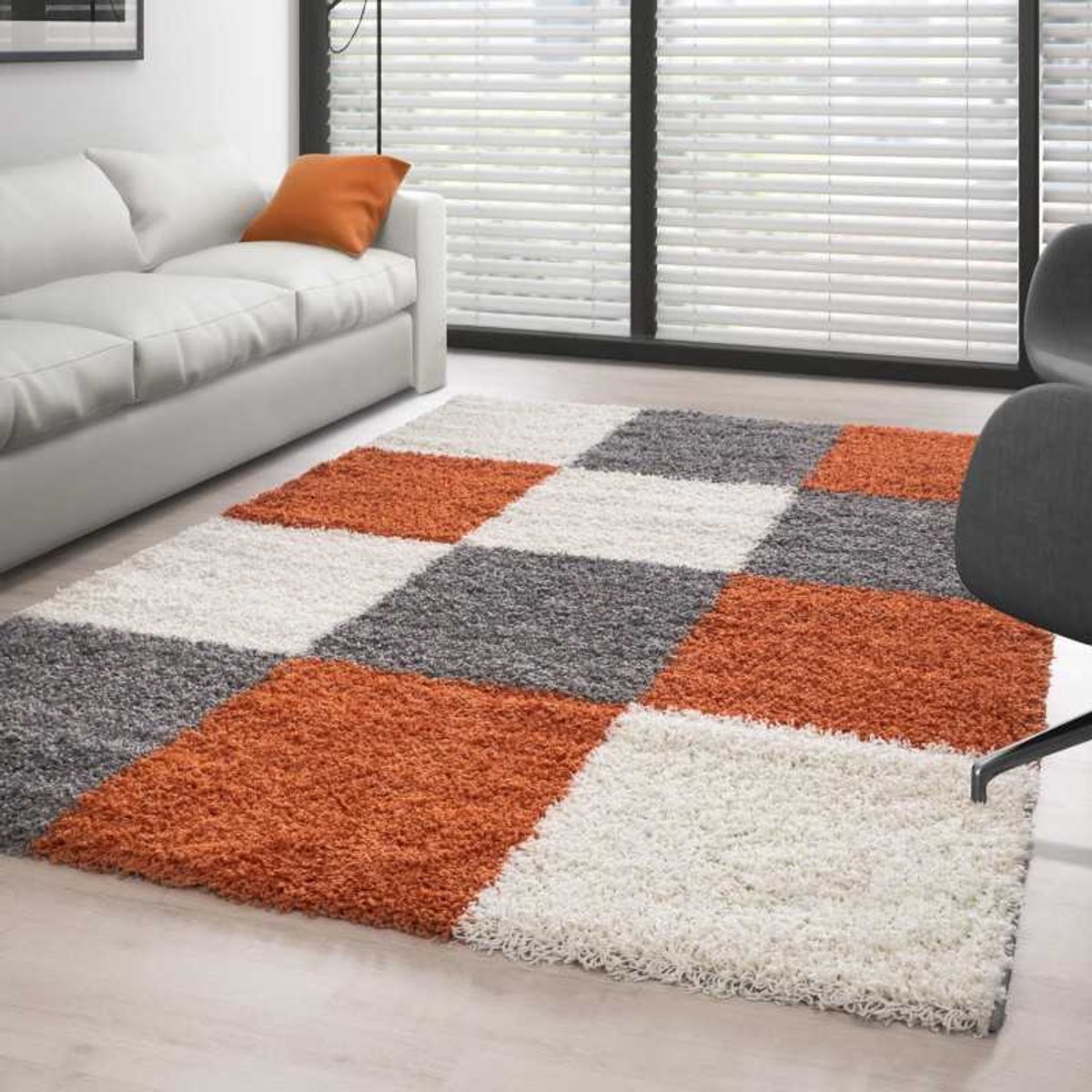 TapisTrend Harig tapijt Terracotta-wit-grijs 80x150 cm Hoogpolig vloerkleed met een- geblokt patroon