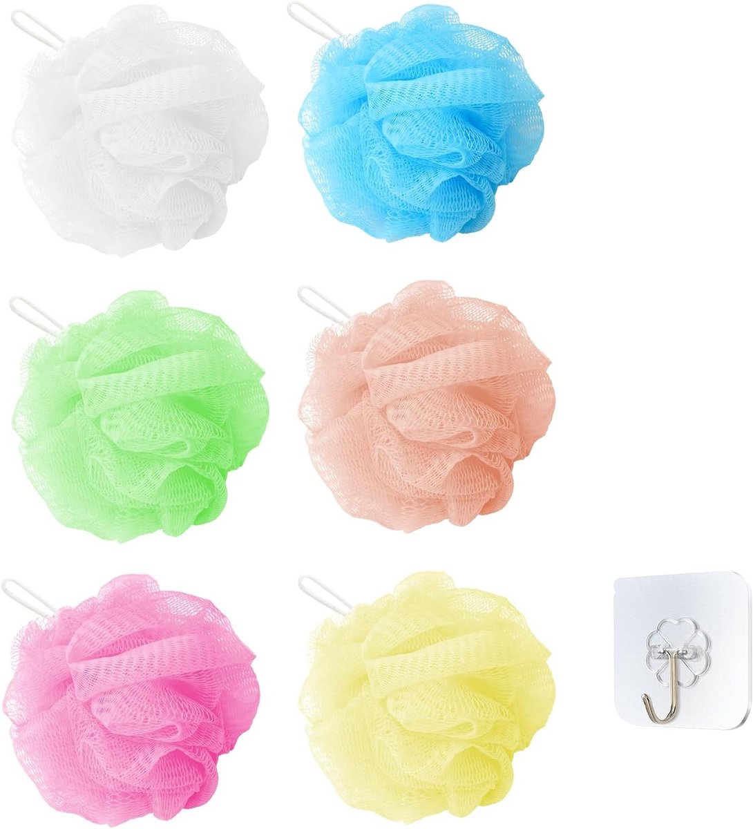 Zachte en duurzame douchespons set van 6 stuks, gaasschuimende luffa-spons voor lichaamsreiniging, scrub en massage, meerkleurig