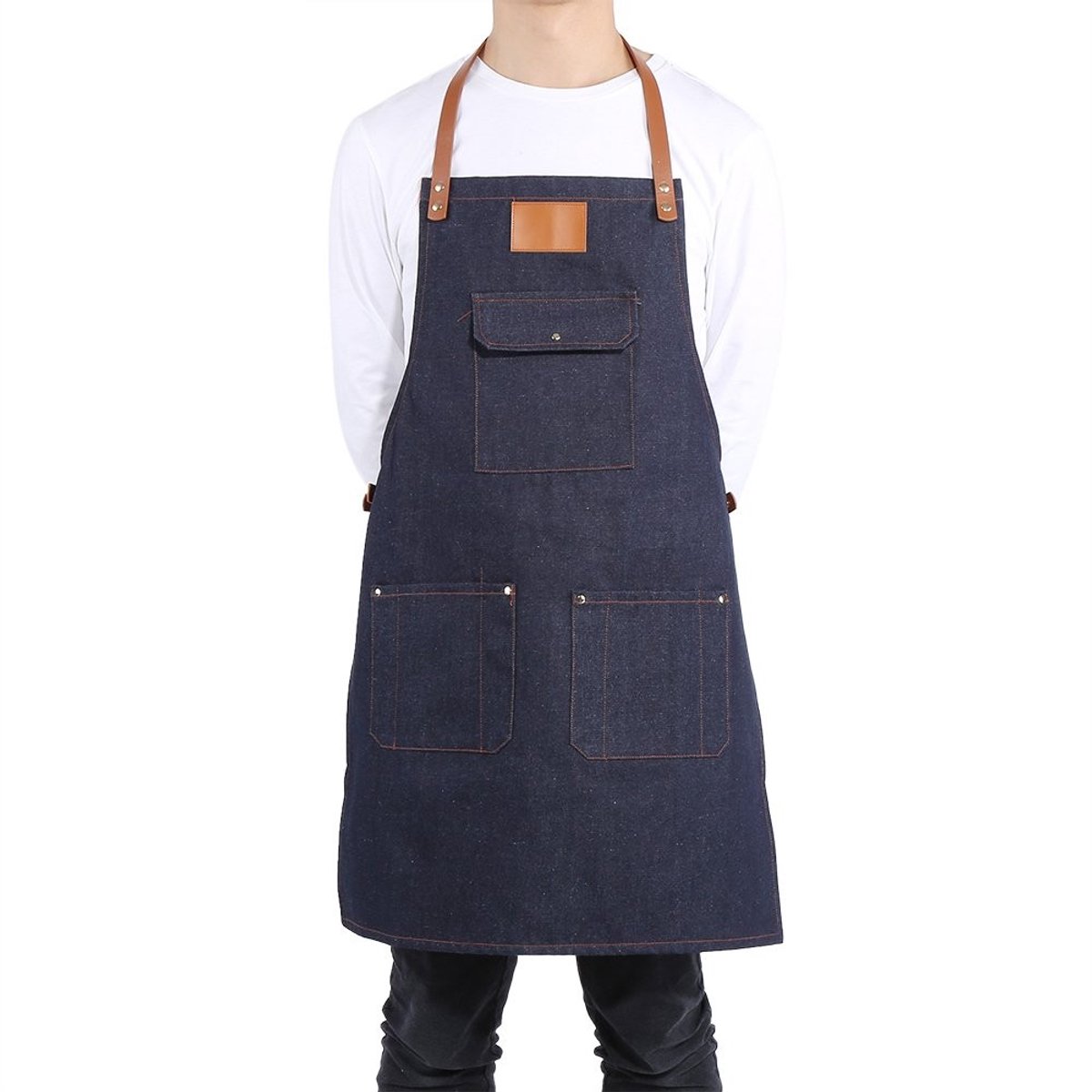 Zerodis Heavy Duty Keuken Schort - Verstelbare Leren Band - Blauw - 3 Pocket BBQ Chef Schort