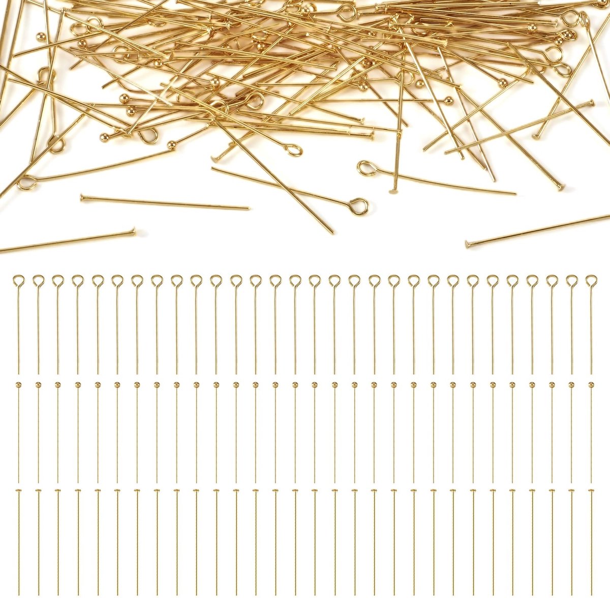 PandaHall 300pcs Brass Pins Set - Eye, Flat & Ball Head Pins voor Sieraden Maken
