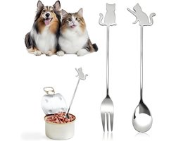 Kattensnoeplepelset met 2 kleine vorken en lepels van roestvrij staal, ideaal voor nat kattenvoer, schattig en eenvoudig te reinigen