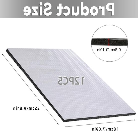 Set van 12 Zelfklevende Isolatiematten 25 x 18 cm voor Geluids- en Warmte-isolatie, Aluminium Folie en Schuim, Aanpasbaar voor Deuren, Motorkap en Kofferbak van Merkloos — afbeelding 5