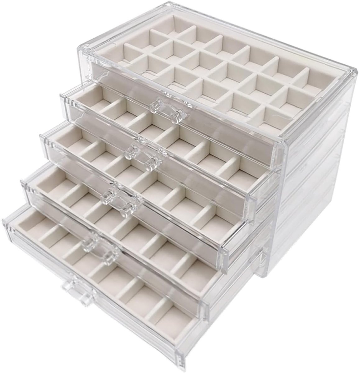 Sieradenopbergdoos met 5 lagen en 90 kleine vakjes, stapelbare organizer van fluweel en acryl voor ringen, oorbellen en kettingen