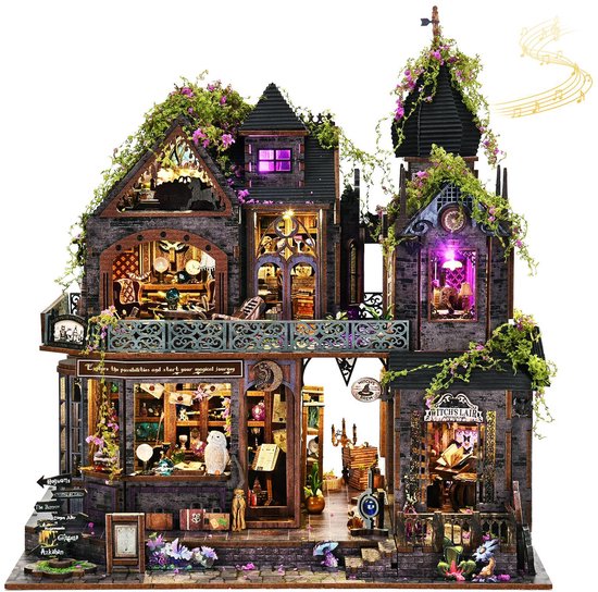Premium Miniatuur XXL bouwpakket (Extra groot) - DIY Houten 3D Puzzel Magic House met LED Verlichting, Bewegingssensor & Muziekdoos – Book Nook Boekensteun Miniatuur Bouwpakket – Cadeau voor Volwassenen (15+)