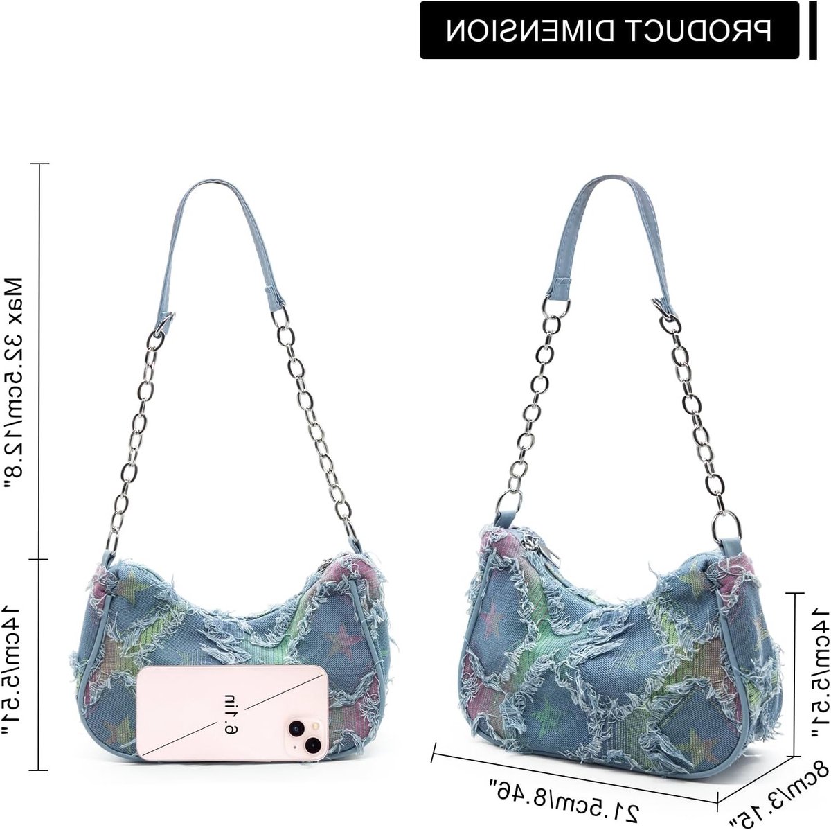 Padded Denim Schoudertas voor Vrouwen met Sterrenpatroon, Clutch en Hobo Tas met Rits Sluiting, Ideaal voor Dagelijks Gebruik