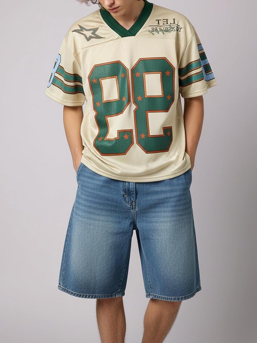 V-neck T-shirt voor heren, oversized voetbalshirt met korte mouwen, sportieve streetwear en Y2K hip hop stijl
