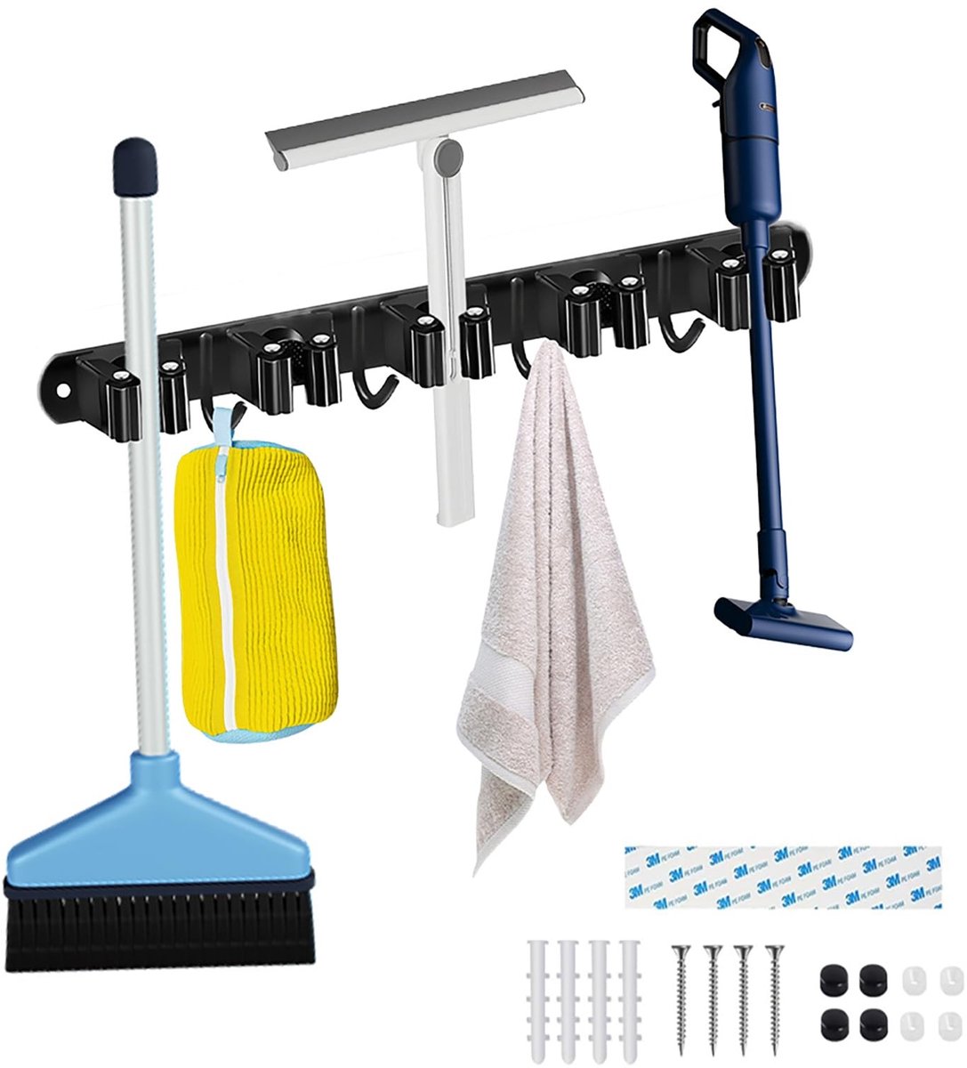 BRENZOOS- Bezemhouder Roestvrij Staal - 5 Slots/4 Haken - Wandbeugel - Zelfklevend/Schroeven - Ruimtebesparend - 43 cm Lengte - Tuinaccessoires