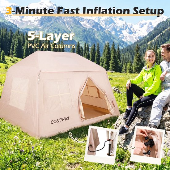 Opblaasbare tent - pblaasbare glamping tent - Waterdicht - Tot 6 personen - Khaki - Camping - Tuin - Glamping - 253L x 213 B x 183 H cm — afbeelding 4