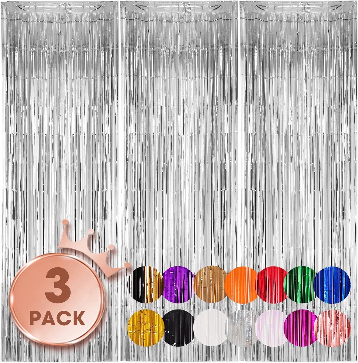 OLOEY Set van 3 zilveren foliegordijnen met franjes(1 x 2 m)-Metallic achtergronden van slingers voor oudejaarsavond-diploma-uitreikingen-verjaardagen-babyshowers en disco-themafeesten