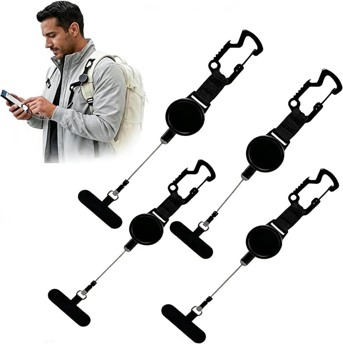 4 Stuks Uitbreidbare Anti-Diefstal Beveiliging voor Mobiele Telefoons, Verstelbare Telefoonketting en Verliesbestendige Telefoonriem voor Buitenactiviteiten zoals Wandelen en Fietsen