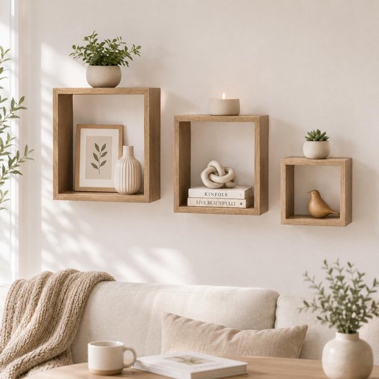 Houten wandkubus set - Muur kubus wandplank - Naturel eiken - 3