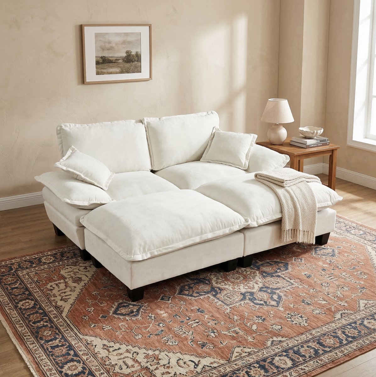 FloraGrace Hoekbank 194 x 151 x 90 cm - Modulaire Cloud Bank Met Verplaatsbare Ottomanen En Kussens - Voor Woonkamer En Appartement - Chenille - Beige