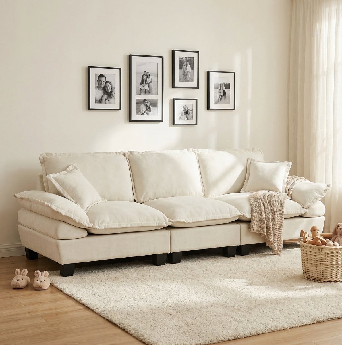 FloraGrace Zitbank 264 cm - 3-Zits Cloud Sofa Met Gebogen Armleuningen - Comfort Voor Appartement En Woonkamer - Chenille - Beige