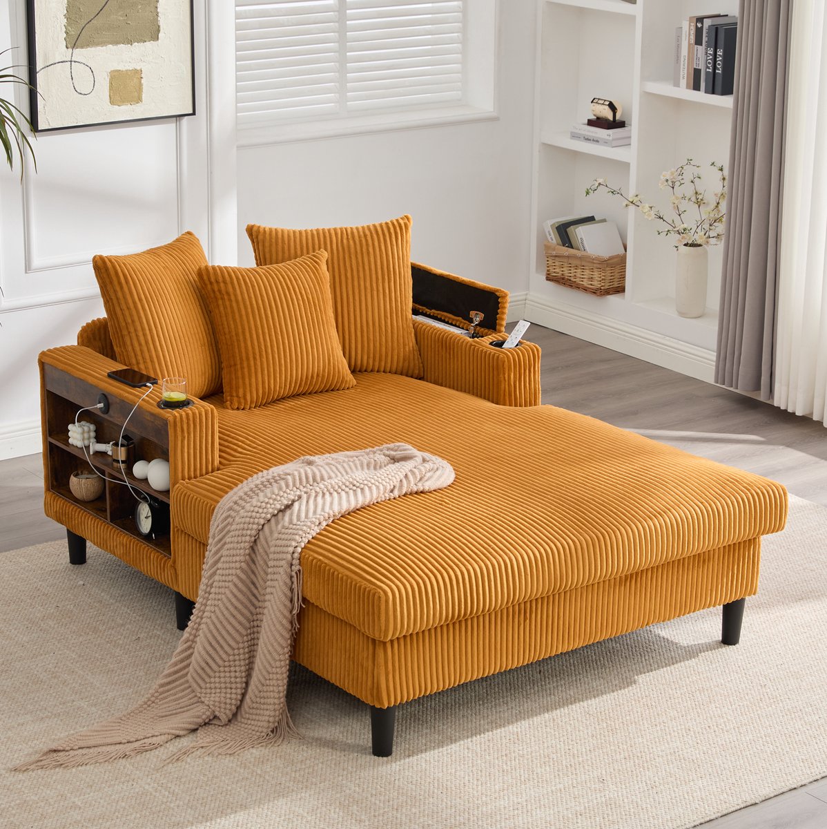 MODENUIT Chaise Longue 129 x 170 cm - Met Led, Usb, Opbergruimte En Bekerhouders - Voor Woonkamer - Corduroy Mosterdgeel