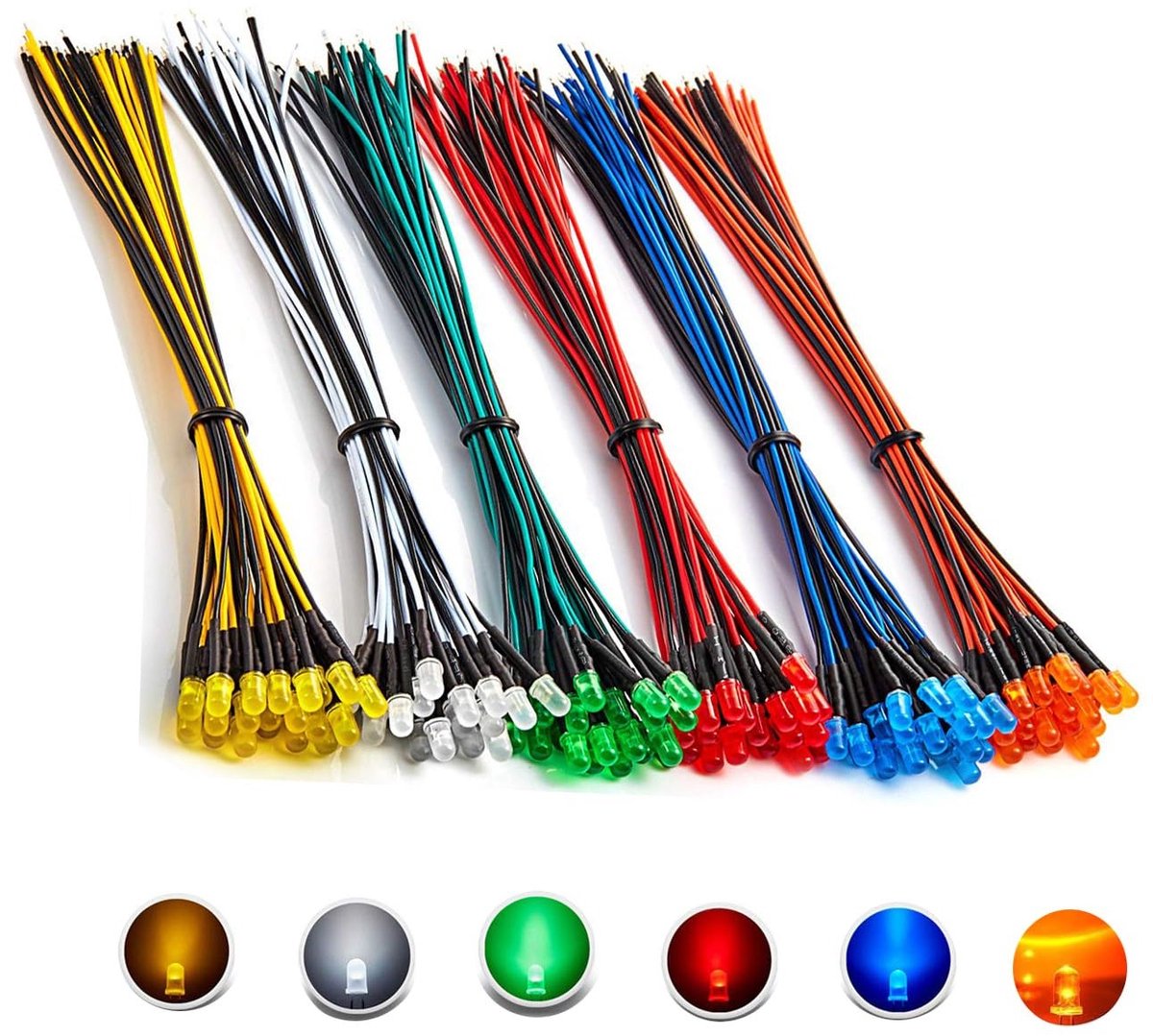 90 Stuks 12V LED Diode Set, 3 mm, Voorbedraad, 6 Kleuren, Helderheid en Diffusie, Inclusief Weerstand en Draad