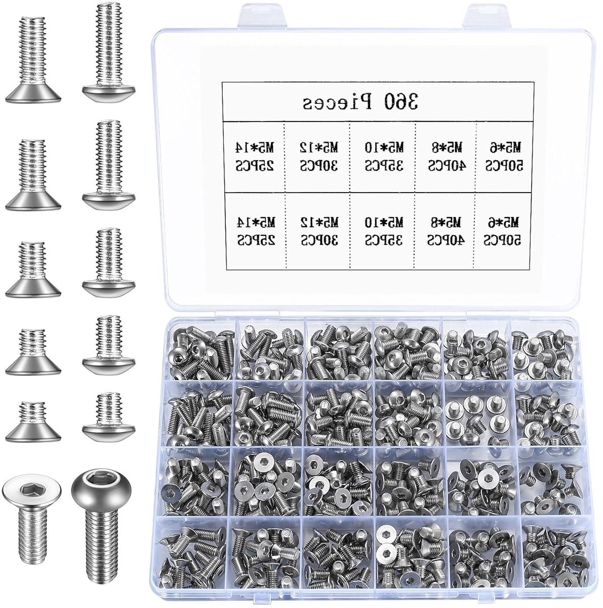 360 Stuks M5 RVS Inbusschroeven, Verzonken Hoofdschroeven en Platte Hoofdschroeven voor 3D Printers, Machinebouw en Doe-Het-Zelf Projecten, 6mm/8mm/10mm/12mm/14mm