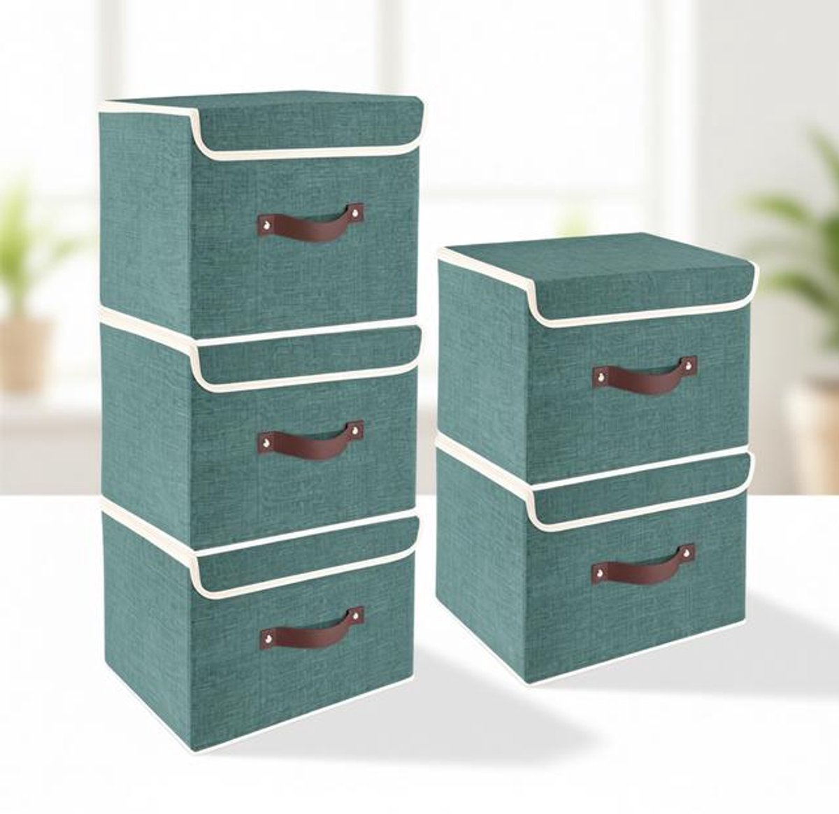 ElleMooi Opvouwbare Opbergdoos met Deksel, Stof, Afwasbaar, 38x25x25 cm, Set van 5, Aqua Deep