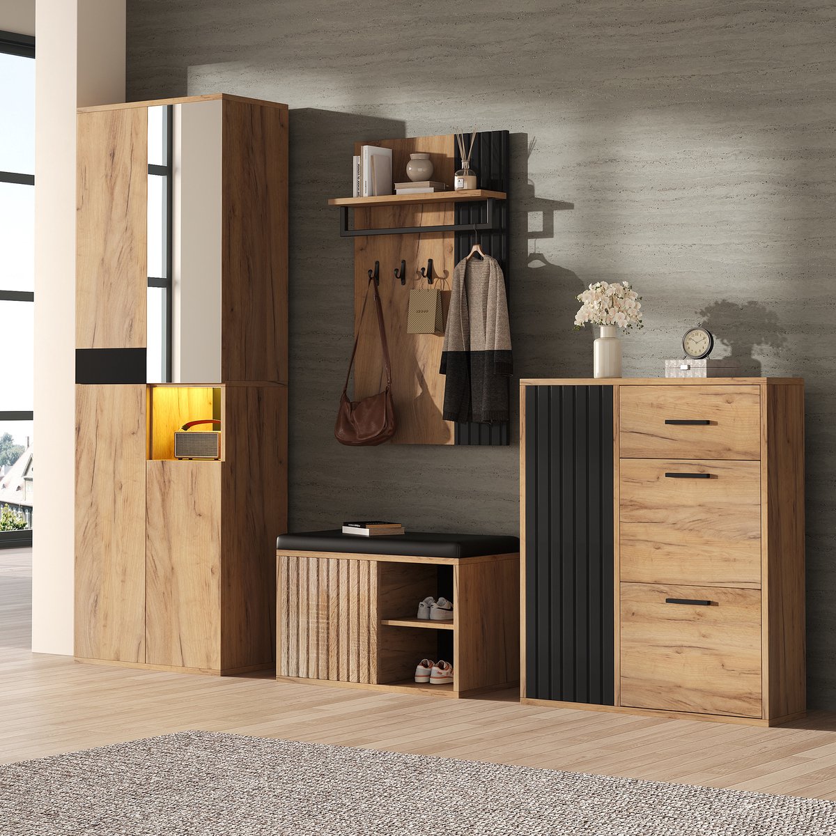 REDOM Garderobeset - Veel Opbergruimte - Modern - Hal - Spaanplaat - Naturel en Zwart - 215 × 36 × 190 cm