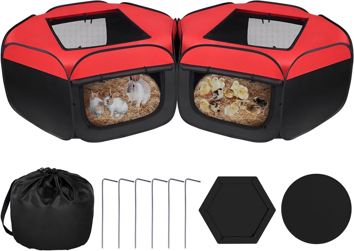 Set van 2 Opvouwbare Dieren Tent met Deksel en Ritsen, Draagbaar Tuinhek voor Konijnen, Cavia's en Kittens voor Binnen en Buiten