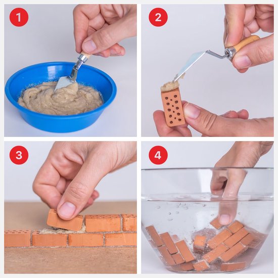 Stappen 1-4 voor het bouwen met Teifoc: wateroplosbaar cement mengen, op steen aanbrengen, muur bouwen, stenen in water plaatsen.