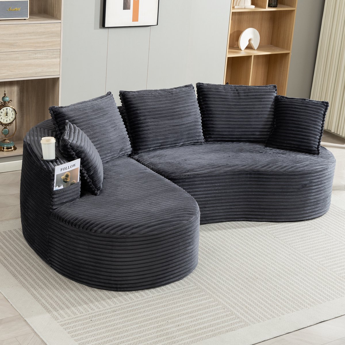 OKWISH Hoekbank 250 x 152 x 82 cm - Met Bekerhouders, Zijvakken En Kussen - Voor Woonkamer Of Slaapkamer - Cord - Donkergrijs
