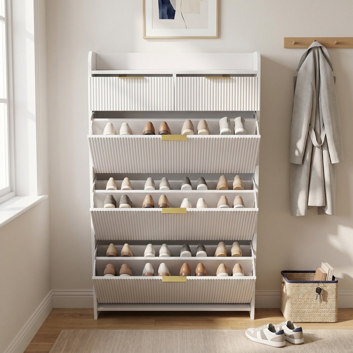 Schoenenkast - 77x24x133cm - met 3 kleppen en 1 lade - Hout - Modern - Wit